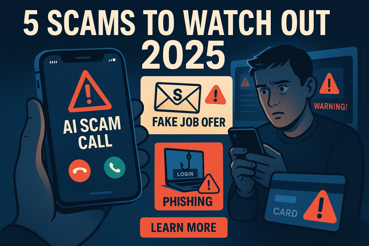 The image features a digital collage representing various scams of 2025 In the foreground an illustrated smartphone displays a suspicious incoming call labeled AI Scam Call with a bright red warning sign Surrounding the phone are graphic icons depict-2