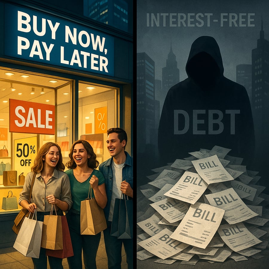 The image features a split scene contrasting two perspectives on the Buy Now Pay Later BNPL concept On the left a gleaming storefront displays attractive sales signage with happy shoppers holding bags filled with purchases their expressions reflectin