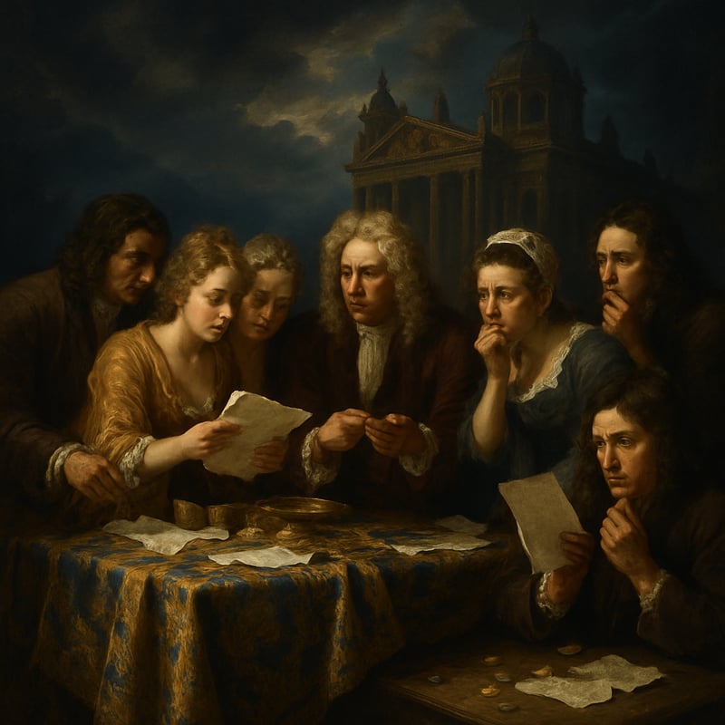 The image portrays a dramatic historical scene set in early 18th century Britain In the foreground a group of elegantly dressed men and women representing the elite are gathered around a lavish table adorned with opulent fabrics and golden trinkets T-1